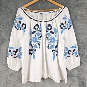 Womens Top XL White Linen Cottagecore Boho Floral Peasant Hippie Coastal Resort‎